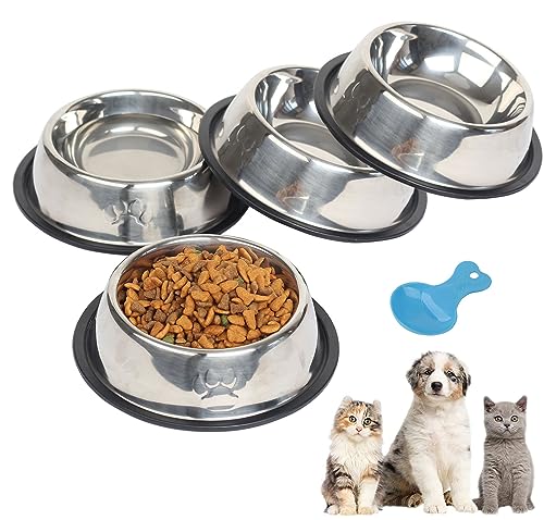 Edelstahl-Hundenapf, 4 Stück Metall-Katzennäpfe für Futter und Wasser, rutschfester Futternapf mit Gummiboden für Katzen, Welpen, kleine, mittelgroße Hunde von ACEONE