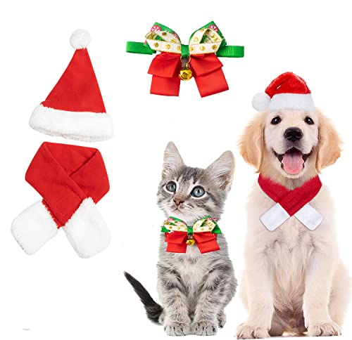 ACMEDE 3 Stück Weihnachten Katzenkostüm Hundekostüm mit Weihnachtsmütze Fliege Halsband Halstuch, Haustier Weihnachtskleidung Hunde Katzen Kostüm Zubehör Set von ACMEDE