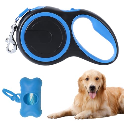ACNCN Einziehbare Hundeleine, 8 m, starkes Nylon, rutschfester Griff, Einhandbedienung, Pausensperre mit Abfallspenderbeuteln (blau) von ACNCN