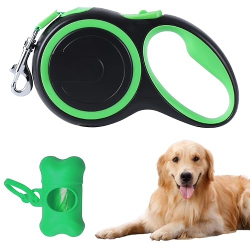 ACNCN Einziehbare Hundeleine, 8 m, starkes Nylon, rutschfester Griff, Einhandbedienung, Pausensperre mit Abfallspenderbeuteln (grün) von ACNCN