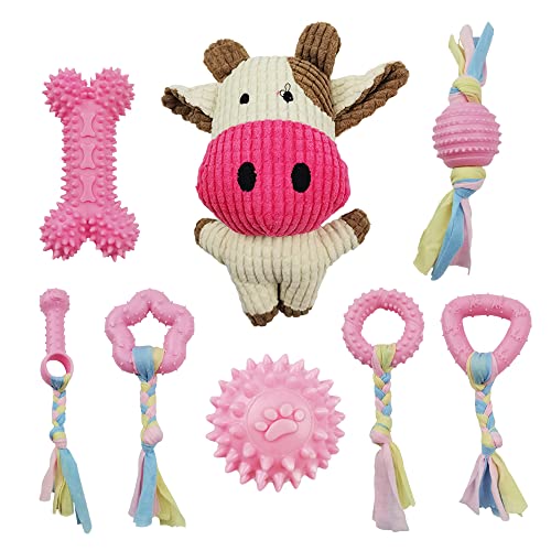 ACNCN Kauspielzeug für Hundewelpen, 8-teiliges Hunde-Kauspielzeug-Set mit Ball und Baumwolle, bunte Seile, interaktiv für kleine Welpen und mittelgroße Hunde (rosa, 8 Stück) von ACNCN