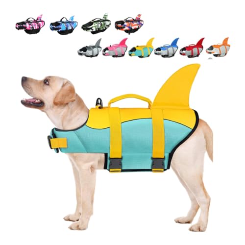 Rettungswesten für Hunde Schwimmweste Hunde Hai, Leicht und Sicher für Wassersport, hundeschwimmweste mit Griff und Reflektierend für Kleine Mittlere und Große Hunde Grün/gelb L von ACURYX