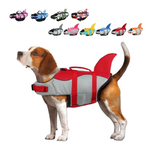 Rettungswesten für Hunde Schwimmweste Hunde Hai, Leicht und Sicher für Wassersport, hundeschwimmweste mit Griff und Reflektierend für Kleine Mittlere und Große Hunde Rot L von ACURYX