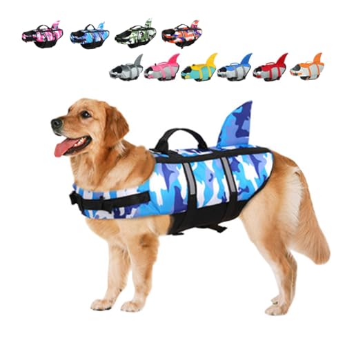 Rettungswesten für Hunde Schwimmweste Hunde Hai, Leicht und Sicher für Wassersport, hundeschwimmweste mit Griff und Reflektierend für Kleine Mittlere und Große Hunde Tarnung Blau L von ACURYX