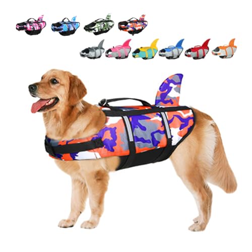 Rettungswesten für Hunde Schwimmweste Hunde Hai, Leicht und Sicher für Wassersport, hundeschwimmweste mit Griff und Reflektierend für Kleine Mittlere und Große Hunde Tarnung Orange M von ACURYX