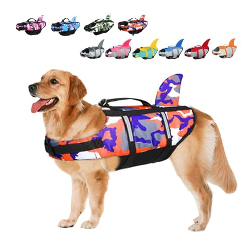 Rettungswesten für Hunde Schwimmweste Hunde Hai, Leicht und Sicher für Wassersport, hundeschwimmweste mit Griff und Reflektierend für Kleine Mittlere und Große Hunde Tarnung Orange XXL von ACURYX