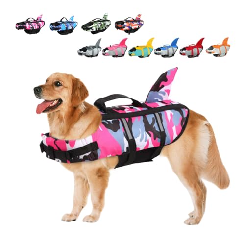 Rettungswesten für Hunde Schwimmweste Hunde Hai, Leicht und Sicher für Wassersport, hundeschwimmweste mit Griff und Reflektierend für Kleine Mittlere und Große Hunde Tarnung Rosa L von ACURYX