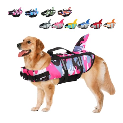 Rettungswesten für Hunde Schwimmweste Hunde Hai, Leicht und Sicher für Wassersport, hundeschwimmweste mit Griff und Reflektierend für Kleine Mittlere und Große Hunde Tarnung Rosa XL von ACURYX
