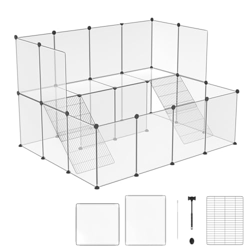 ACXIN Freigehege Doppelschichtiges Gehege 26PC Weiß | Laufgitter 143x108x93cm für Kaninchen Meerschweinchen Welpen – DIY Gittergehege mit Treppen von ACXIN