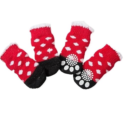 4 Stück süße Haustier-Hundesocken mit Aufdruck, rutschfeste Katzen-Welpen-Schuhe, Pfotenschutzprodukte for kleine Rassen, Spitz, Yorker Hunde, Chihuahua (Color : Red and White dots, Size : S) von AD-BCrbgen