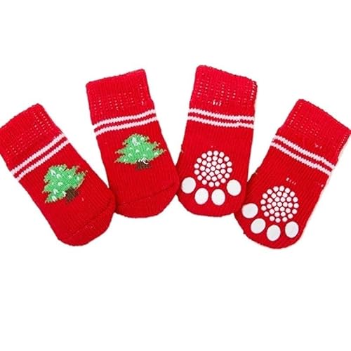 4 Stück süße Haustier-Hundesocken mit Aufdruck, rutschfeste Katzen-Welpen-Schuhe, Pfotenschutzprodukte for kleine Rassen, Spitz, Yorker Hunde, Chihuahua (Color : Red small Tree, Size : L) von AD-BCrbgen