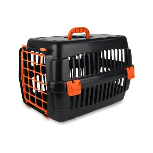 Katzen-Transportbox-Robuste Hartschalen | Strapazierfähige Katzenbox | Robuste Katzenbox aus Hartplastik | Schlagfeste Hartschalen-Katzen-Transportbox |Kunststoffbox für Katzen (Schwarz-Orange) von ADAK