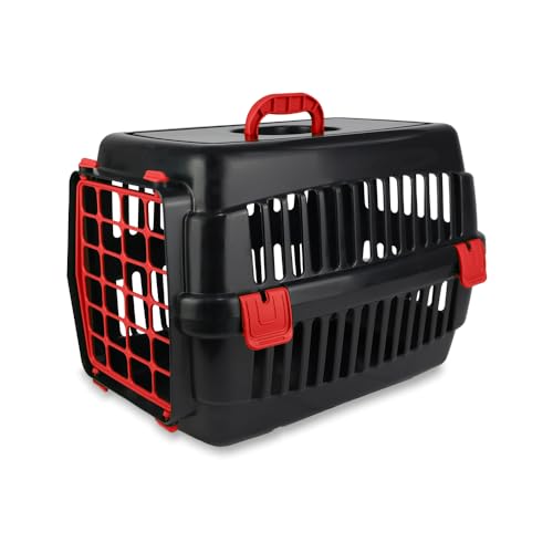 Robuste Katzen-Transportbox | Strapazierfähige Hartschalen-Katzenbox aus Hartplastik | Schlagfeste Kunststoffbox für Katzen (Schwarz-Rot) von ADAK
