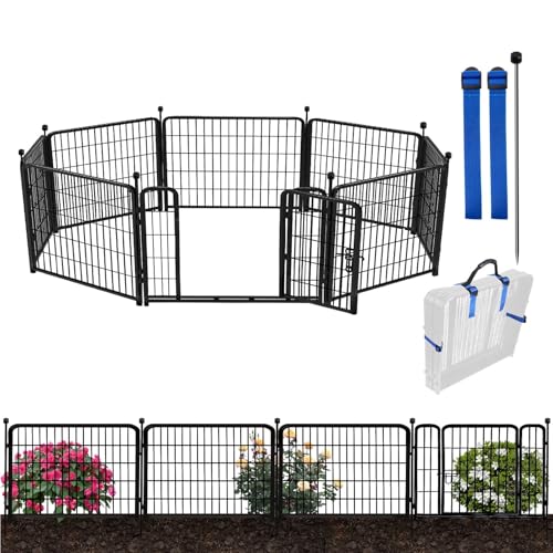 ADAVIN Gartenzaun mit Tor, 61 cm (H) x 60 cm (L), 8 Paneele, Hundezaun für drinnen und draußen, Laufstall für Hof, Campingzaun, robustes Eisen, Metall, schwarz, Gartenzaun von ADAVIN