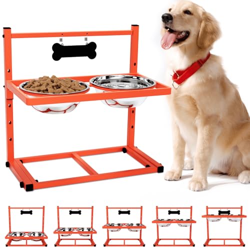 Orange Erhöhte Hundenäpfe für große und mittelgroße Hunde, 5 verstellbare Höhe, Metall-Hundenapf erhöht, erhöhter Hundenapfständer mit 2 Edelstahl-Hundenäpfen von ADENGL