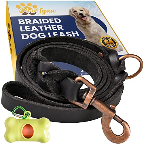 ADITYNA Geflochtene Leder-Hundeleine – weiches und starkes Trainings-Leder-Leine für große und mittelgroße Hunde (ein Griff 15 x 1,9 cm, schwarz) von ADITYNA