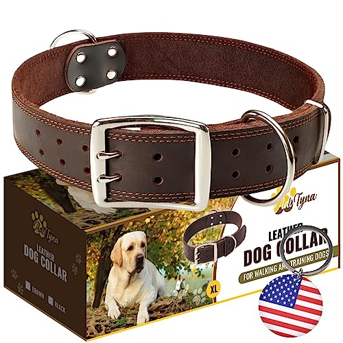 ADITYNA Großes Leder-Hundehalsband – XXL-Hundehalsband für riesige Rassen wie Mastiff (riesig: passend für Halsumfang von 76,2-91,4 cm, Braun) von ADITYNA
