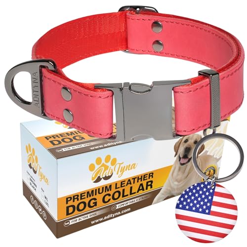 ADITYNA Hundehalsband aus Leder mit Metallschnalle für große und extra große Hunde – strapazierfähiges, verstellbares und taktisches Hundehalsband aus Leder (rot, passend für Halsumfang von 48,3–76,2 von ADITYNA