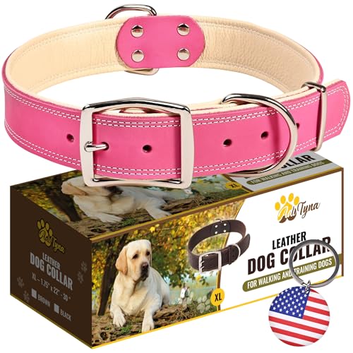 ADITYNA Robustes Hundehalsband aus echtem Leder für extra große Hunde – rosa XL-Halsband – weich und stark, dickes Hundehalsband mit doppelter Metallschnalle von ADITYNA
