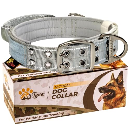 ADITYNA Strapazierfähiges Hundehalsband mit Griff, reflektierendes graues Hundehalsband für extra große Hunde, breit, dick, taktisch, weich gepolstert (Größe XL: passend für Halsumfang von 61 - 76,2 von ADITYNA