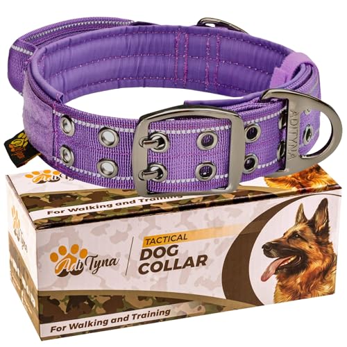 ADITYNA Strapazierfähiges Hundehalsband mit Griff – Reflektierendes Hundehalsband für extra große Hunde – breit, dick, taktisch, weich gepolstert (XL: passend für 61 - 76 cm Halsumfang, Violett) von ADITYNA