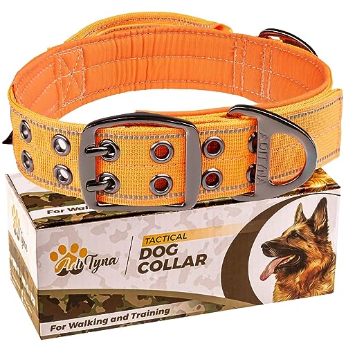 ADITYNA - Strapazierfähiges Hundehalsband mit Griff – Reflektierendes graues Hundehalsband für große Hunde – Breit, dick, taktisch, weich gepolstert (groß: passend für 45,7–58,4 cm Hals, Orange) von ADITYNA