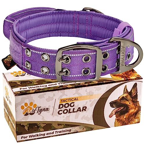 ADITYNA - Strapazierfähiges Hundehalsband mit Griff – Reflektierendes lila Hundehalsband für große Hunde – Breit, dick, taktisch, weich gepolstert (groß: passend für 45,7–58,4 cm Hals, Lila) von ADITYNA