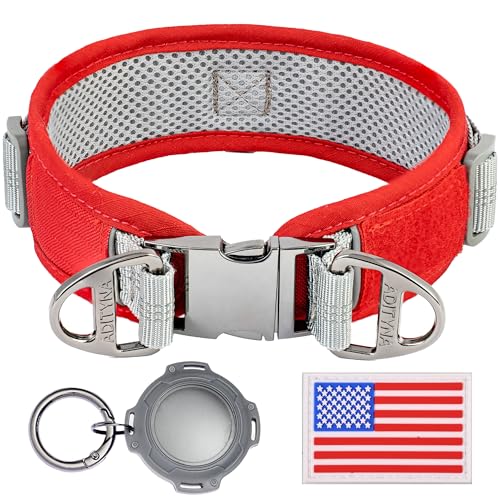 Langlebiges, 5,1 cm verstellbares Hundehalsband mit AirTag-Halterung für große Hunde – reflektierende, robuste Metallschnalle, bequemes Netzfutter, inklusive US-Flaggen-Patch (rot, Größe L: passend Langlebiges, 5,1 cm verstellbares Hundehalsband mit AirTag-Halterung für große Hunde – reflektierende, robuste Metallschnalle, bequemes Netzfutter, inklusive US-Flaggen-Patch (rot, Größe L: passend von ADITYNA