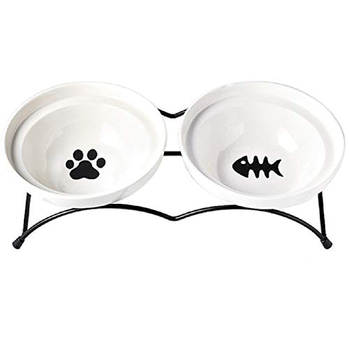 Katzennapf Keramik Doppel Schüsseln Hunde Katzen Feeder Pet Keramiknapf 2 in 1 Lebensmittel/Wasser Futterschalen mit Eisen-Halter Pet Supplies (Color : E) von ADJAN