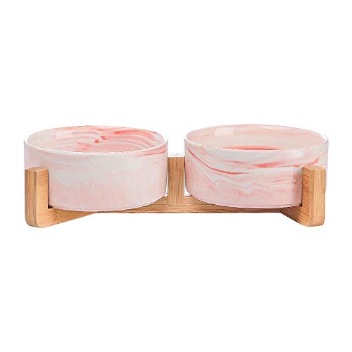 Katzennapf Keramik Keramik Katze Hund-Schüssel-Teller mit Holz Stand-Nr Spill Pet Food Wasser Feeder Katzen kleine Hunde (Color : Marble Pink x 2) von ADJAN