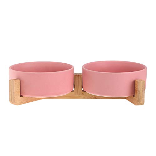 Katzennapf Keramik Keramik Katze Hund-Schüssel-Teller mit Holz Stand-Nr Spill Pet Food Wasser Feeder Katzen kleine Hunde (Color : Pink Set of 2) von ADJAN