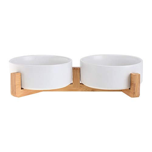 Katzennapf Keramik Keramik Katze Hund-Schüssel-Teller mit Holz Stand-Nr Spill Pet Food Wasser Feeder Katzen kleine Hunde (Color : White Set of 2) von ADJAN