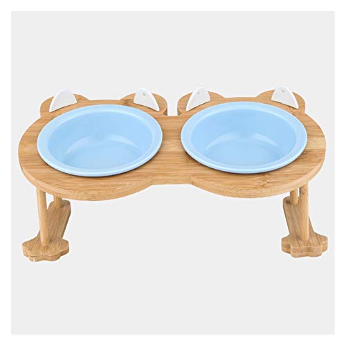 Katzennapf Keramik Keramik Welpen-Katze-Hund Haustier Einzel- und Doppel Futternapf for Essen und Trinken mit Holzrahmen Haustiere Zubehör Geschirr Feeding (Color : Blue 2 Bowls Set) von ADJAN