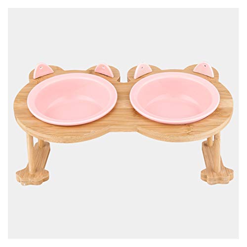 Katzennapf Keramik Keramik Welpen-Katze-Hund Haustier Einzel- und Doppel Futternapf for Essen und Trinken mit Holzrahmen Haustiere Zubehör Geschirr Feeding (Color : Pink 2 Bowls Set) von ADJAN