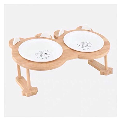 Katzennapf Keramik Keramik Welpen-Katze-Hund Haustier Einzel- und Doppel Futternapf for Essen und Trinken mit Holzrahmen Haustiere Zubehör Geschirr Feeding (Color : Whitecat 2 Bowl Set) von ADJAN