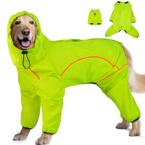 ADNIKIA Hunde-Regenmantel, wasserdichte Hunde-Regenjacke mit abnehmbarer Kapuze, verstellbare 4 Beine, Haustierponcho mit Loch für die Leine, reflektierende Streifen, Kapuze, schneefest, winddicht von ADNIKIA