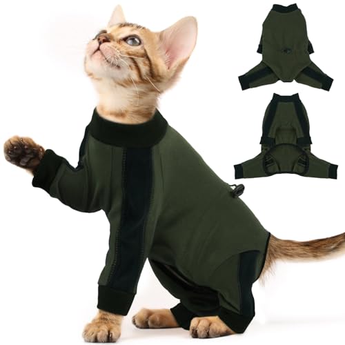 ADNIKIA Katzen-Pyjama nur für Katzen, klebriges Haar, langärmelige Sphynx-Kleidung, Anti-Leck- oder Hautkrankheiten, Anzug für weibliche Katzen, Kätzchen-Einteiler, Pyjama, Armeegrün, Größe XS von ADNIKIA