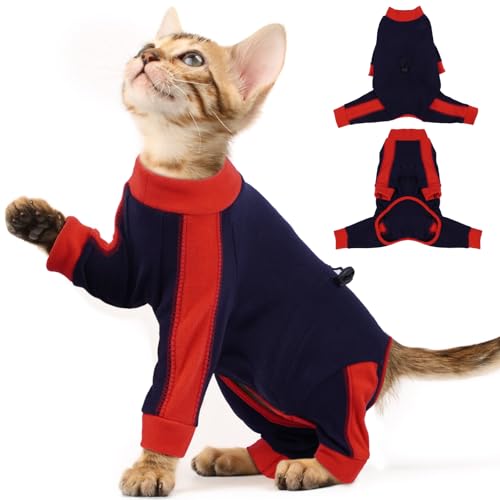 ADNIKIA Katzen-Pyjama nur für Katzen, klebriges Haar, langärmelige Sphynx-Kleidung, Anti-Leck- oder Hautkrankheiten-Genesungsanzug für weibliche Katzen, Kätzchen-Einteiler, Pyjama, Dunkelblau, Größe M von ADNIKIA