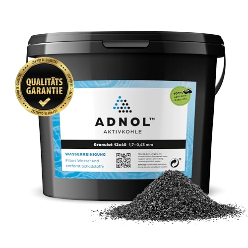 ADNOL® Aktivkohle Granulat 20 Liter aus Kokosnussschalen für Wasserfilter für Aquarium und Teich, Mesh 12x40, Körnung 1,70-0,43mm, Energieklasse A, als Carbon Filter verwendbar von ADNOL