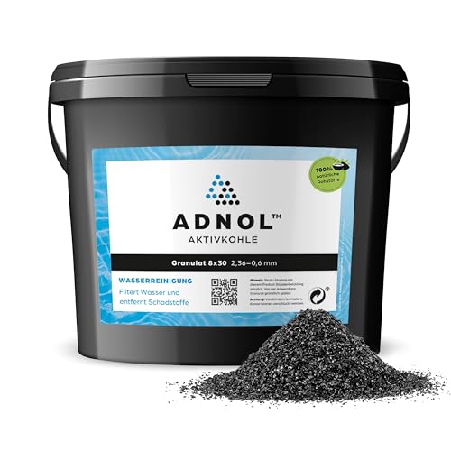 ADNOL® Aktivkohle Granulat 3 Liter aus Kokosnussschalen für Wasserfilter für Aquarium und Teich, Mesh 8x30, Körnung 2,36-0,6mm, Energieklasse A, als Carbon Filter verwendbar von ADNOL
