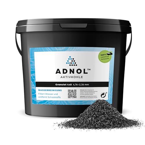 ADNOL® Aktivkohle Granulat 5 Liter aus Kokosnussschalen für Wasserfilter für Aquarium und Teich, Mesh 4x8, Körnung 4,76-2,36mm, Energieklasse A, als Carbon Filter verwendbar von ADNOL