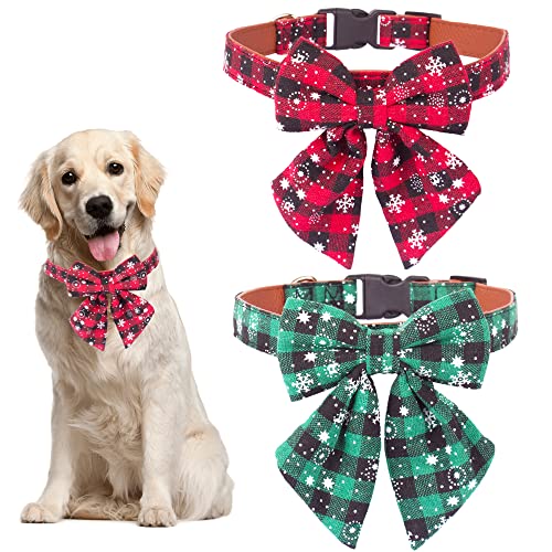 ADOGGYGO 2 Stück Weihnachts-Hundehalsband mit Fliege, klassisches kariert, rot-grün, Hundehalsbänder mit abnehmbarer Fliege, mittelgroße und große Hunde, Haustiere (groß) von ADOGGYGO