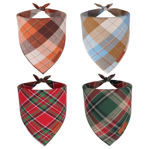 ADOGGYGO 4 Stück karierte Hundehalstücher für Herbst Halloween Thanksgiving Weihnachten, hochwertiger Baumwollstoff, rot, grün, orange, blau, kariert, Halstücher für kleine Hunde (klein) von ADOGGYGO