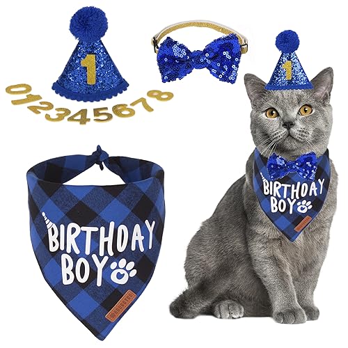 ADOGGYGO Cat Birthday Party Supplies, Birthday Boy Plaid Cat Bandana Cute Cat Bowtie, Cat Birthday Hat with Numbers, Pet Birthday Outfit for Cat Kitten von ADOGGYGO