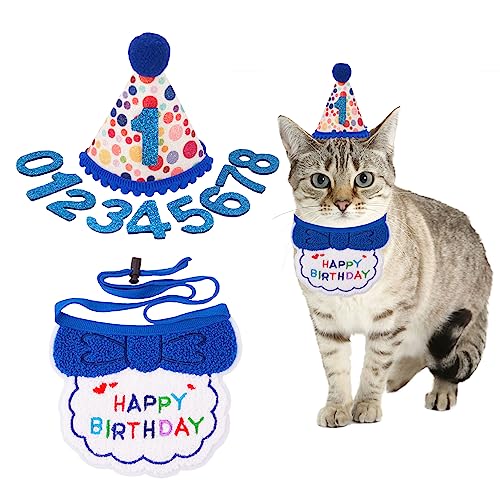 ADOGGYGO Cat Birthday Party Supplies, Boy Cat Kitten Birthday Bandana Cat Birthday Hat with Numbers Pet Birthday Decorations Outfits for Cat Kitten (Blue) von ADOGGYGO