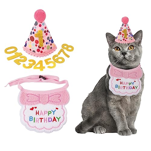 ADOGGYGO Cat Birthday Party Supplies, Girl Cat Kitten Birthday Bandana Cat Birthday Hat with Numbers Pet Birthday Decorations Outfits for Cat Kitten (Pink) von ADOGGYGO