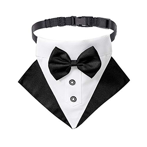 ADOGGYGO Formal Dog Smoking Hochzeit Hund Bandana Halsband Hundehalsband mit Fliege verstellbar Hund Fliege Halsband Bandana für mittelgroße und große Hunde Haustier (groß, Schwarz & Weiß) von ADOGGYGO