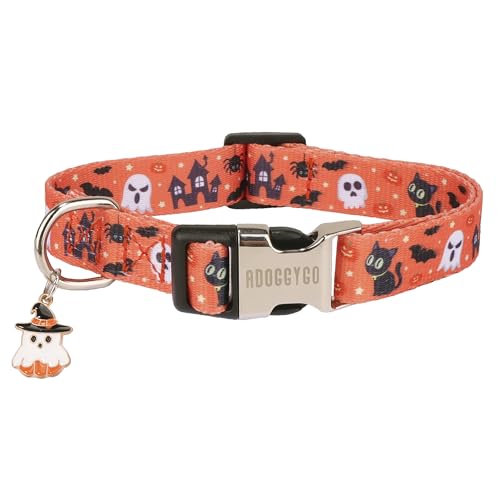 ADOGGYGO Halloween-Hundehalsband, verstellbar, orangefarbener Geist, Halloween-Halsbänder für kleine, mittelgroße und große Hunde (klein) von ADOGGYGO
