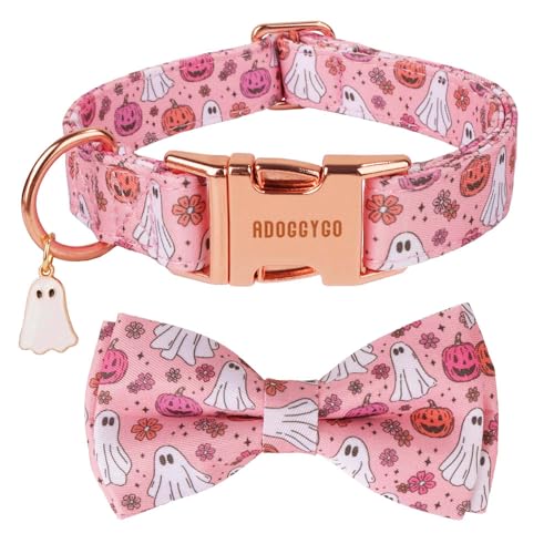 ADOGGYGO Halloween-Hundehalsband mit Schleife, abnehmbare rosa Geister-Kürbis-Fliege, Metallschnalle, verstellbare rosa Halloween-Halsbänder für extra große Hunde, Mädchen (XL) von ADOGGYGO