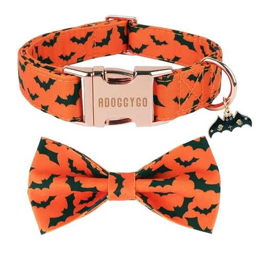 ADOGGYGO Halloween-Hundehalsband mit Schleife, abnehmbarer Fledermausdruck, Fliege, Charm, Metallschnalle, verstellbar, orange, Halloween-Halsbänder für kleine Hunde, Jungen, Mädchen (klein) von ADOGGYGO
